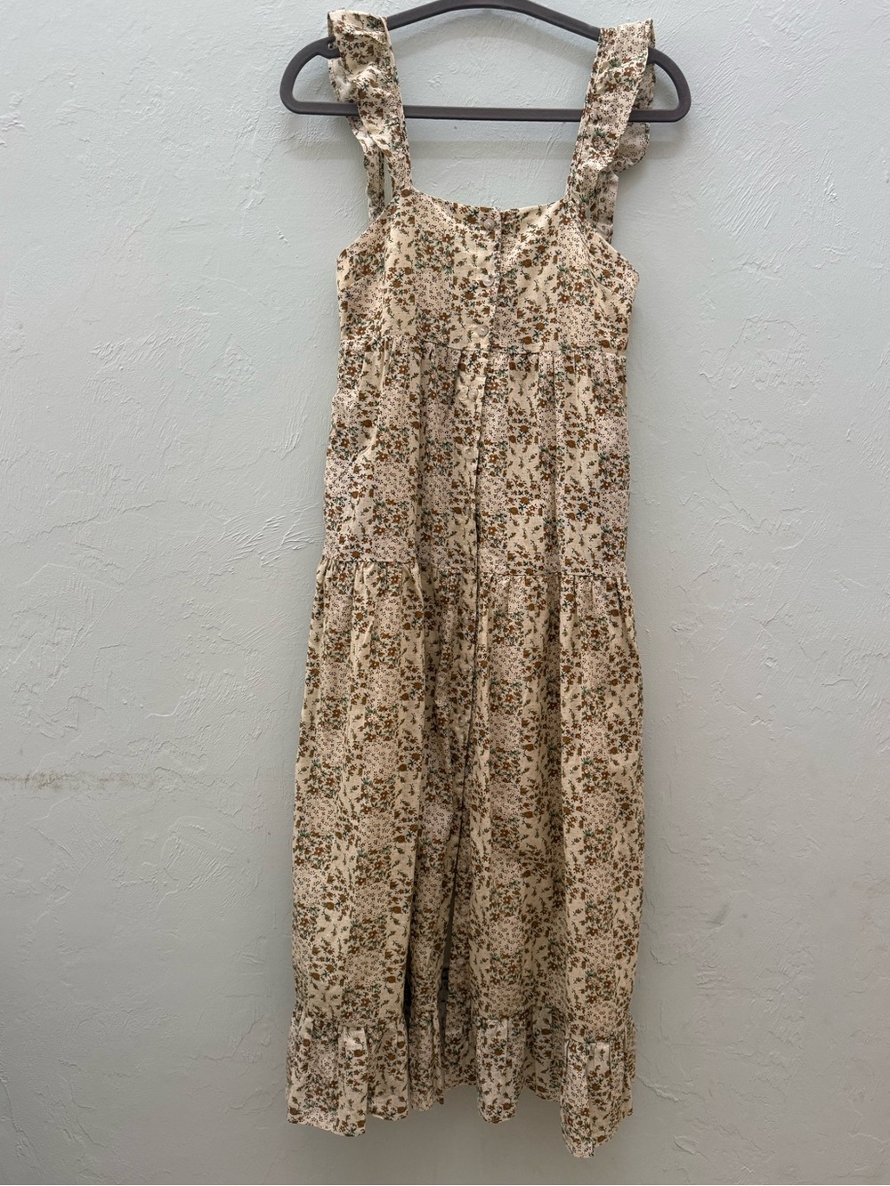 Storia Cream Floral Tiered Dress with Olive Accents